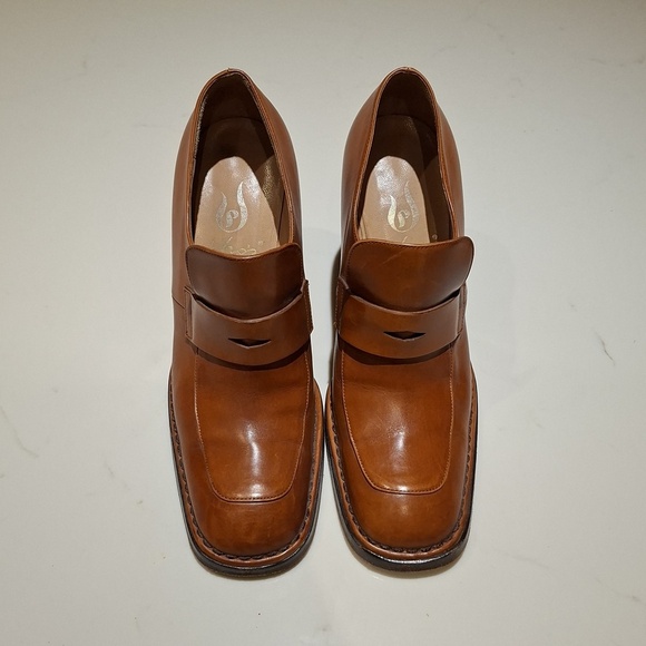 Shoes - Elegant Cognac Brown Leather Heeled Women's Penny Loafers (Size EU 36.5/US 6)